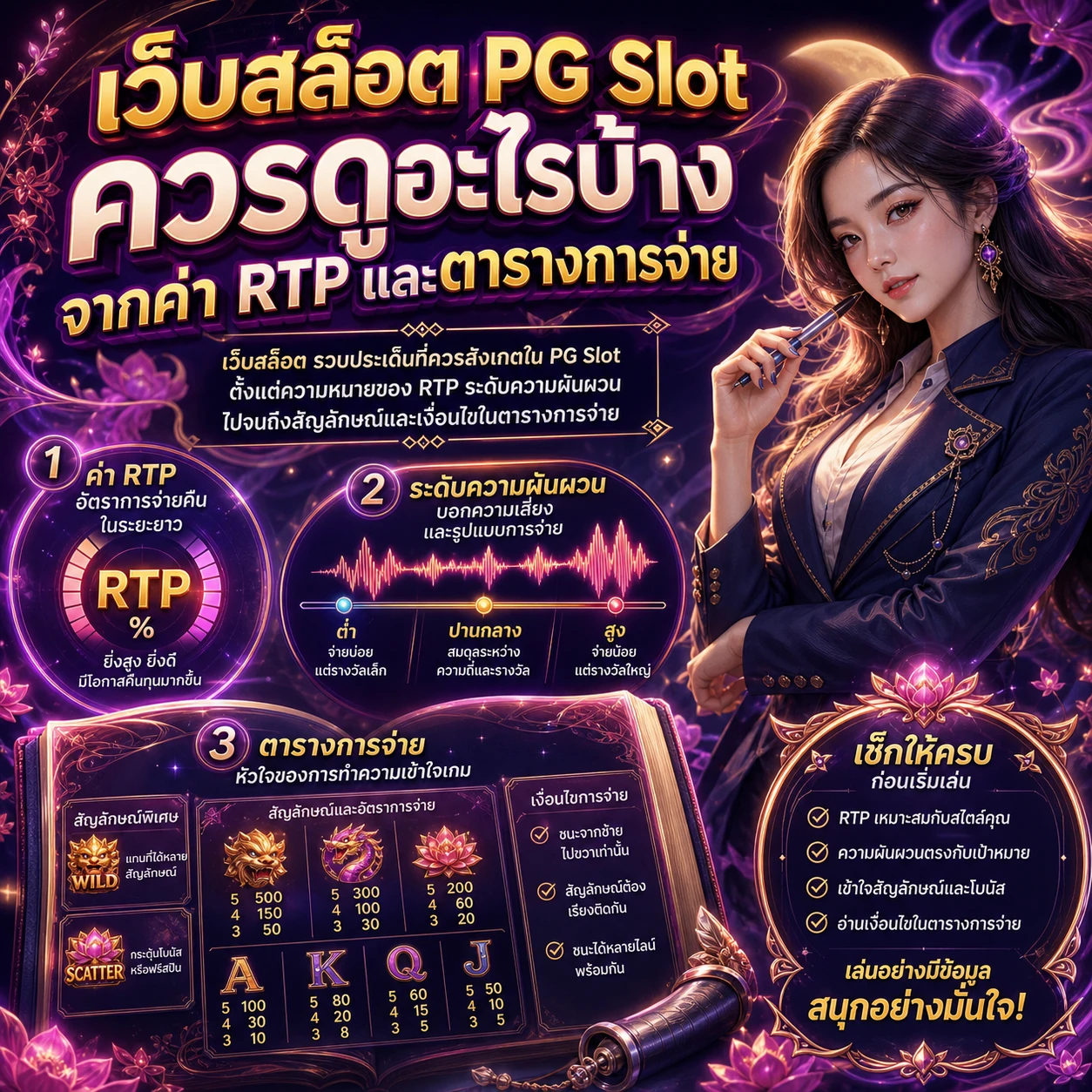 ภาพประกอบแนววิเคราะห์ค่า RTP ความผันผวน และตารางการจ่ายของ PG Slot